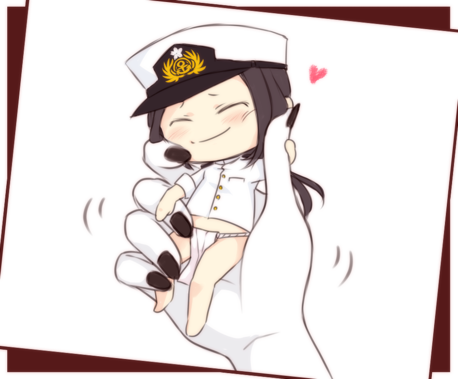 black_nails fairy_(kantai_collection) female_admiral_(kantai_collection) fingernails fundoshi hands hat holding japanese_clothes kantai_collection long_hair military military_uniform minigirl multiple_girls nail_polish naval_uniform neko_majin peaked_cap uniform