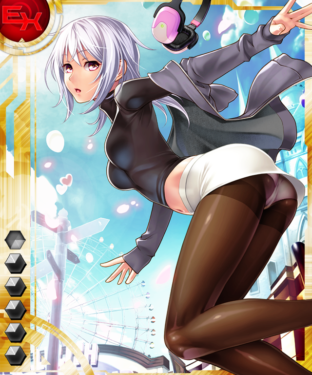 1girl amamiya_shisui ass bangs blue_sky breasts brown_eyes card_(medium) cloud day eyebrows_visible_through_hair feet female headphones highres jacket lilith-soft long_sleeves medium_breasts midriff miniskirt navel off_shoulder official_art open_clothes open_jacket open_mouth outdoors panties panties_under_pantyhose pantyhose petals sano_toshihide shiny shoes shoes_removed single_shoe skirt sky sleeves_past_wrists sneakers solo stuffed_animal stuffed_toy taimanin_(series) taimanin_asagi_battle_arena taimanin_asagi_battle_arena_all_card_gallery turtleneck underwear white_hair