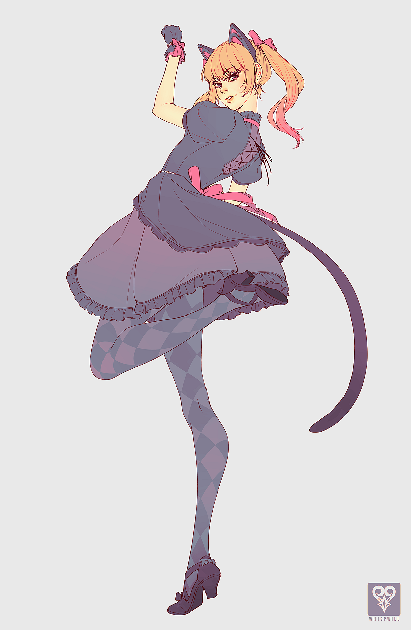 animal_ears argyle argyle_legwear black_cat_d.va black_dress black_footwear black_gloves blonde_hair cat_ears cat_tail d.va_(overwatch) dress full_body gloves highres lolita_fashion looking_back overwatch pantyhose paw_pose puffy_short_sleeves puffy_sleeves shoes short_sleeves solo tail twintails watermark whispwill