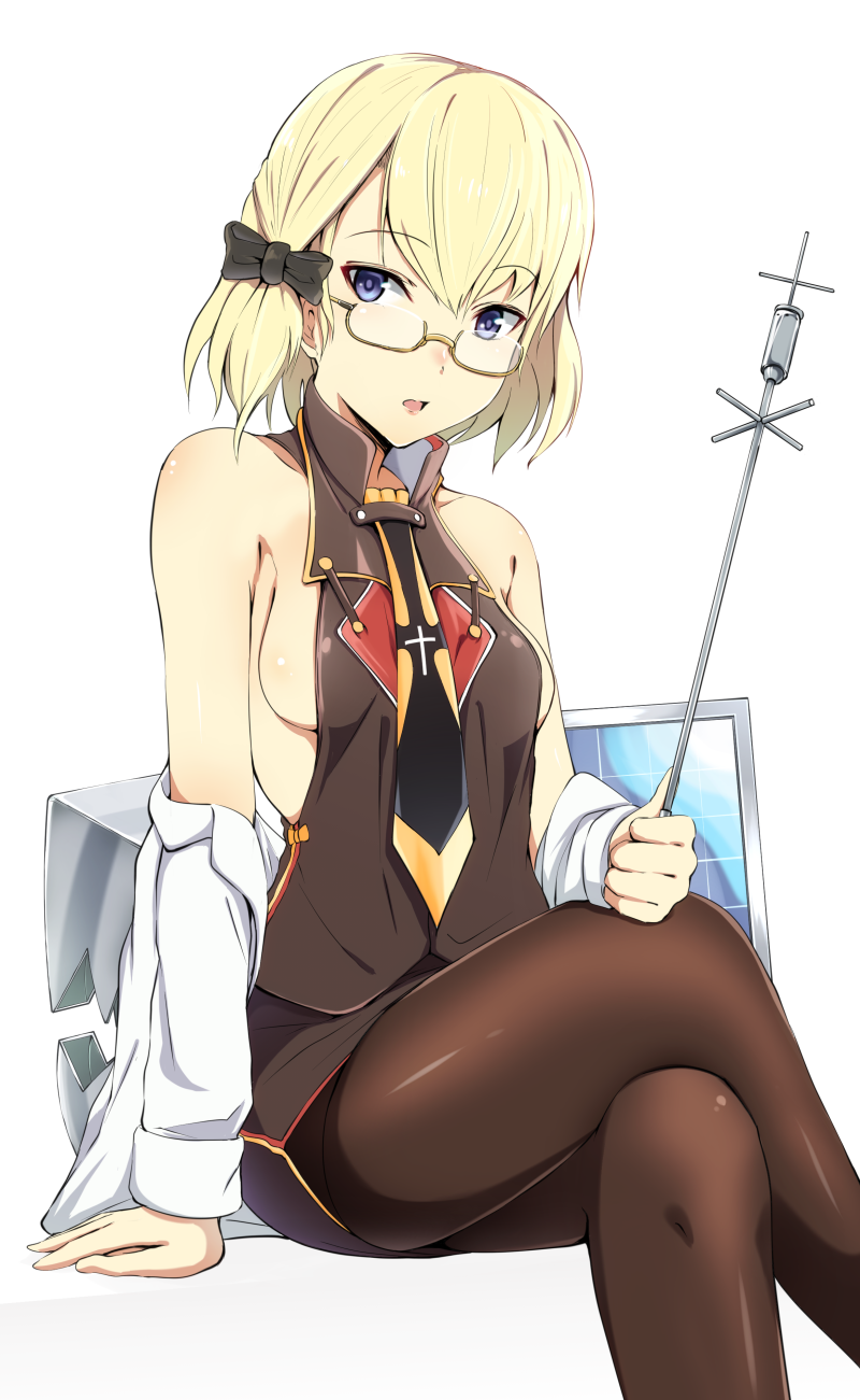 :o arm_at_side azur_lane bare_shoulders black_bow black_neckwear black_skirt black_vest blonde_hair blue_eyes blush bondo_(borndragon) bow breasts brown_legwear collarbone cross_print crossed_legs feet_out_of_frame glasses hair_bow highres holding long_sleeves looking_at_viewer miniskirt necktie nose_blush off_shoulder open_clothes open_mouth pantyhose semi-rimless_eyewear short_hair sideboob simple_background sitting skirt small_breasts solo under-rim_eyewear vest white_background yellow-framed_eyewear z23_(azur_lane)