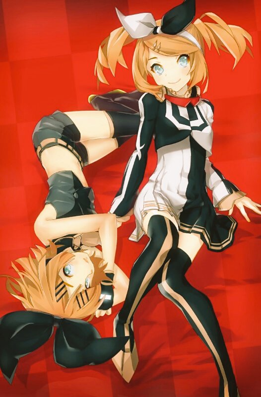 black_star_(module) blonde_hair blue_eyes blush bow checkered_pattern crop_top dress dual_persona fingerless_gloves gloves hair_bow hair_ornament hairclip kagamine_rin kodoku_no_hate_(vocaloid) leg_warmers looking_at_viewer lying midriff multiple_girls on_back on_side open_mouth project_diva project_diva_(series) reactor_(module) roshin_yuukai_(vocaloid) sawashi_(ur-sawasi) short_dress short_hair short_twintails shorts sleeveless smile striped striped_legwear thighhighs twintails vocaloid zettai_ryouiki