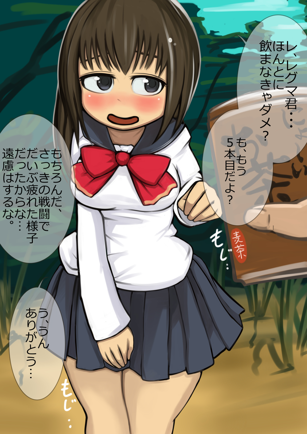 1girl between_legs black_eyes blush borrowed_character bow breasts brown_hair can disembodied_limb drink embarrassed female genmai_(yanagimt0715) half-closed_eyes hand_between_legs hand_up have_to_pee highres long_sleeves medium_breasts navy_blue_sailor_collar navy_blue_serafuku navy_blue_skirt open_mouth original outdoors pleated_skirt red_bow sailor_collar school_uniform serafuku shirt skirt smile solo speech_bubble standing talking text translation_request white_shirt