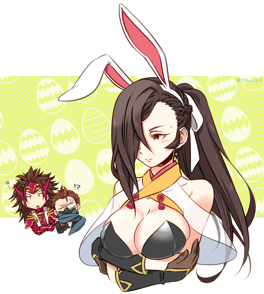 1girl 2boys alternate_costume animal_ears armor black_hair braid breasts brown_hair bunny_ears bunnysuit chibi cleavage commentary_request crossed_arms fake_animal_ears fire_emblem fire_emblem_heroes fire_emblem_if hair_over_one_eye japanese_armor kagerou_(fire_emblem_if) ki_(mona) large_breasts mask multiple_boys ryouma_(fire_emblem_if) saizou_(fire_emblem_if) scar scarf spiked_hair upper_body