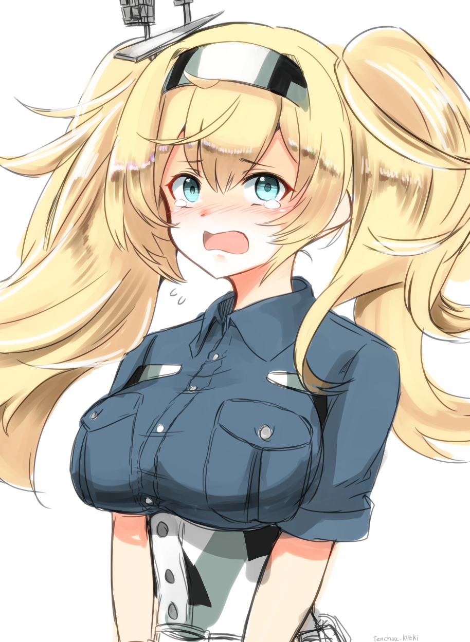1girl blonde_hair blue_eyes blue_shirt breast_pocket breasts collared_shirt commentary_request crying crying_with_eyes_open gambier_bay_(kantai_collection) hair_between_eyes hair_ornament hairband highres kantai_collection large_breasts long_hair pocket shirt short_sleeves simple_background solo tears twintails white_background