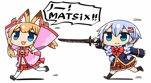 :3 :d animal_ear_fluff animal_ears arms_up bell blonde_hair blue_eyes blue_hair blush bow bowtie braid chasing chibi closed_mouth crossover detached_sleeves fox_ears girlfriend_(kari) hair_ornament hairclip hands_up holding holding_sword holding_weapon jingle_bell kanikama kemomimi_oukoku_kokuei_housou mikoko_(kemomimi_oukoku_kokuei_housou) multiple_girls murakami_fumio navel open_mouth platform_footwear pleated_skirt red_skirt running sandals simple_background skirt smile sword thighhighs twin_braids virtual_youtuber weapon white_background white_legwear