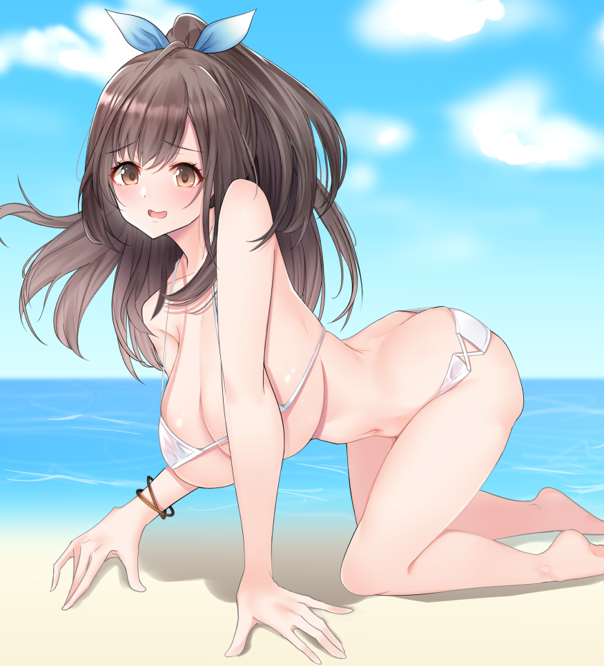 all_fours amrita_(amber78gou) bikini blue_bow blush bow breasts brown_eyes brown_hair cleavage collarbone day eyebrows_visible_through_hair full_body idolmaster idolmaster_shiny_colors large_breasts long_hair open_mouth outdoors ponytail ribbon smile solo swimsuit tsukioka_kogane