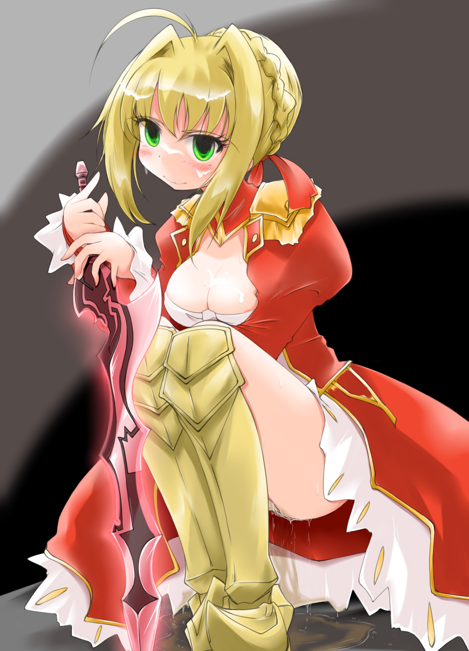 aestus_estus ahoge anbee_(arary) armored_boots bad_id bad_pixiv_id blonde_hair blush boots braid breasts cleavage commentary_request cum cum_on_body cum_on_breasts cum_on_hair cum_on_upper_body dress empty_eyes epaulettes eyebrows_visible_through_hair facial fate/extra fate_(series) french_braid full_body greaves green_eyes hair_intakes hair_ornament hair_ribbon hands_together hands_up highres holding holding_sword holding_weapon juliet_sleeves long_sleeves looking_at_viewer medium_breasts nero_claudius_(fate) nero_claudius_(fate)_(all) panties pantyshot pee peeing peeing_self puddle puffy_long_sleeves puffy_sleeves red_dress red_ribbon ribbon simple_background smile solo squatting sword tied_hair underwear upskirt weapon wet wet_clothes wet_panties white_panties