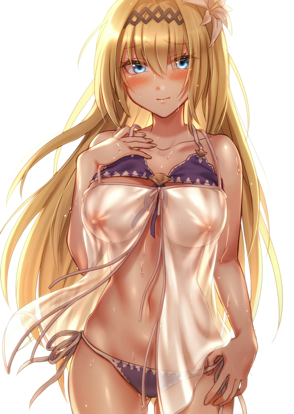 arm_at_side bangs bare_arms bare_shoulders bikini bikini_lift blush breasts breasts_apart closed_mouth collarbone covered_nipples cowboy_shot eyebrows_visible_through_hair flower front-tie_bikini front-tie_top granblue_fantasy hair_between_eyes hair_flower hair_ornament hand_on_own_chest highres jeanne_d'arc_(granblue_fantasy) large_breasts long_hair looking_at_viewer mika_(1020mk) navel nipples purple_bikini purple_ribbon raised_eyebrows ribbon see-through shiny shiny_clothes side-tie_bikini simple_background smile solo standing stomach straight_hair swimsuit tan very_long_hair water water_drop wet white_background white_flower white_ribbon