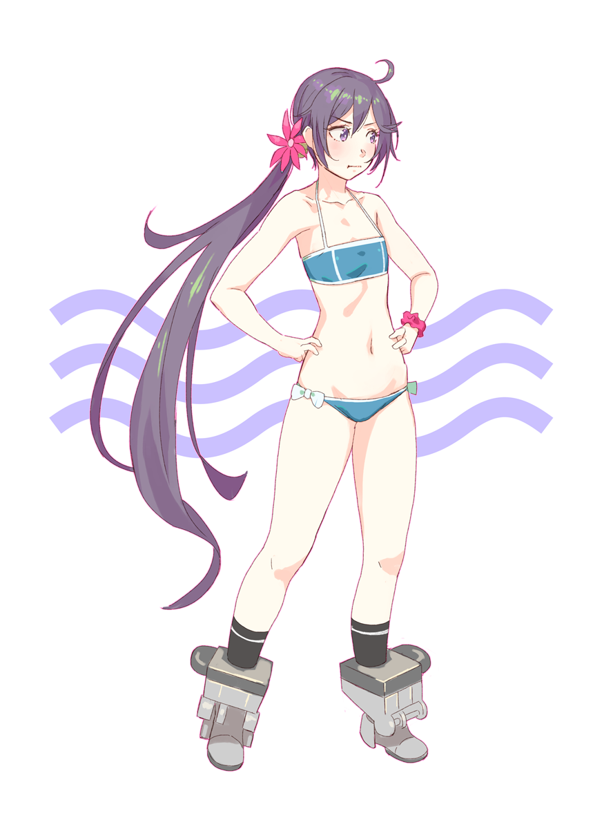 ahoge akebono_(kantai_collection) bell bikini black_legwear blue_bikini commentary_request flat_chest flower full_body hair_bell hair_flower hair_ornament hands_on_hips highres jingle_bell kantai_collection long_hair navel pink_scrunchie purple_eyes purple_hair scrunchie shoes side_ponytail socks solo standing swimsuit very_long_hair white_background yuuji_(and)