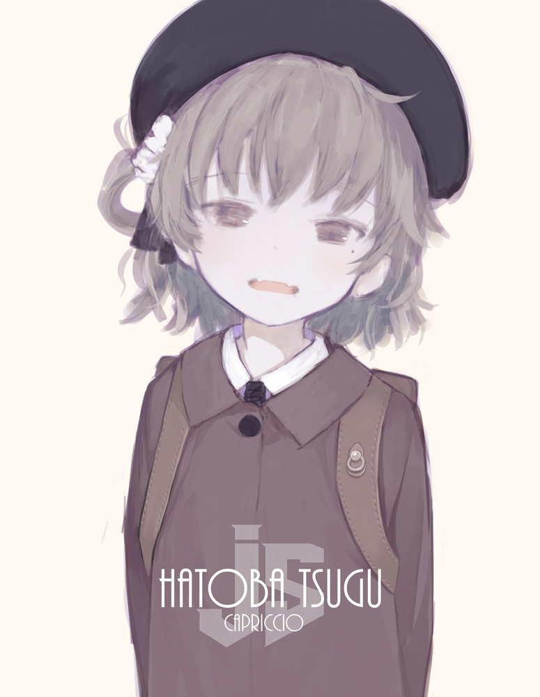 :d artist_name backpack bag bangs beret black_hat brown_background brown_eyes brown_hair brown_jacket capriccio character_name collared_shirt commentary_request copyright_name eyebrows_visible_through_hair fangs hair_rings hat hatoba_tsugu hatoba_tsugu_(character) head_tilt jacket looking_at_viewer md5_mismatch mole mole_under_eye open_mouth shirt simple_background smile solo upper_body virtual_youtuber white_shirt