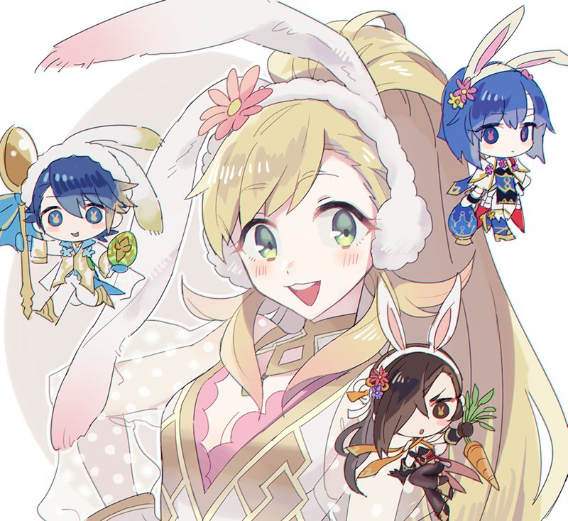 animal_ears blonde_hair blue_eyes blue_hair blush braid breasts brown_eyes brown_hair bunny_ears bunnysuit cape cleavage elbow_gloves fire_emblem fire_emblem:_monshou_no_nazo fire_emblem_heroes fire_emblem_if gloves green_eyes hair_over_one_eye headband kagerou_(fire_emblem_if) katua large_breasts long_hair looking_at_viewer multicolored_hair multiple_girls ninja noii open_mouth pegasus_knight ponytail sharena short_hair simple_background smile white_background