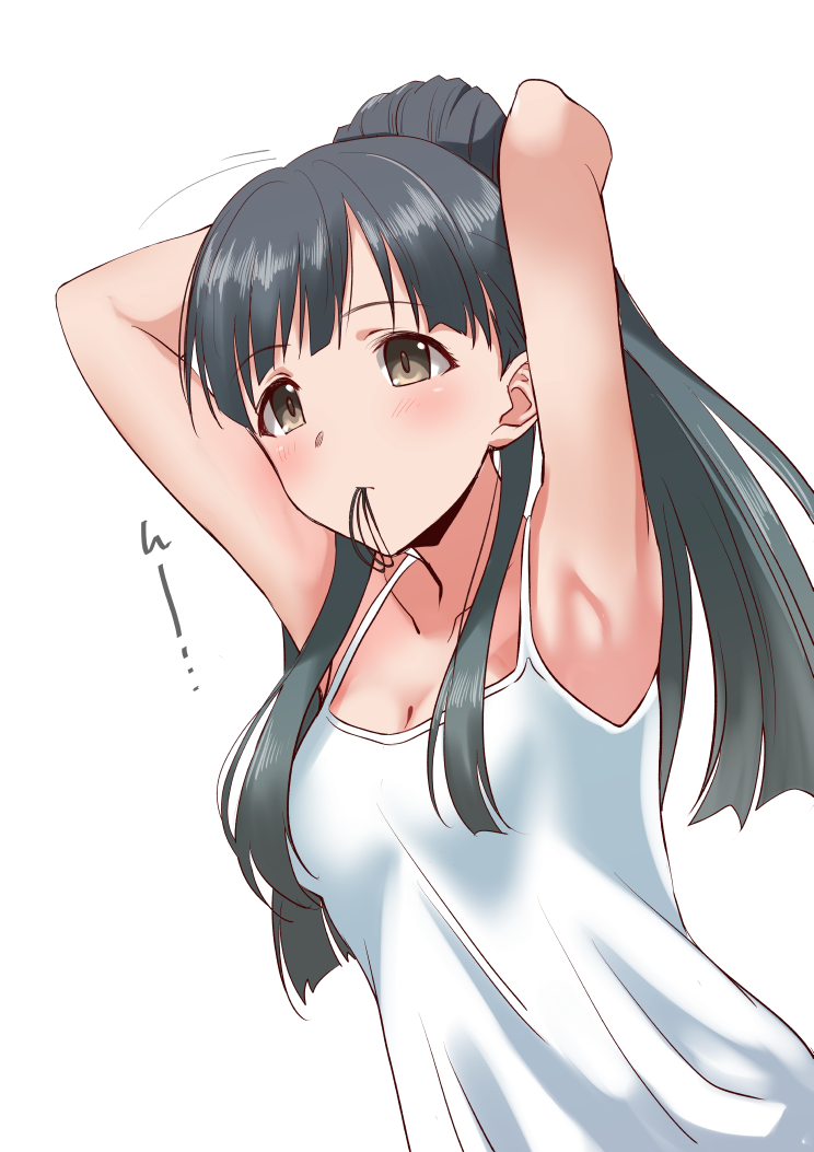 armpits arms_up bangs breasts brown_eyes camisole cleavage collarbone eyebrows_visible_through_hair grey_hair hair_tie hair_tie_in_mouth idolmaster idolmaster_cinderella_girls kobayakawa_sae long_hair mouth_hold ponytail simple_background small_breasts solo tying_hair upper_body white_background youhei_(testament)