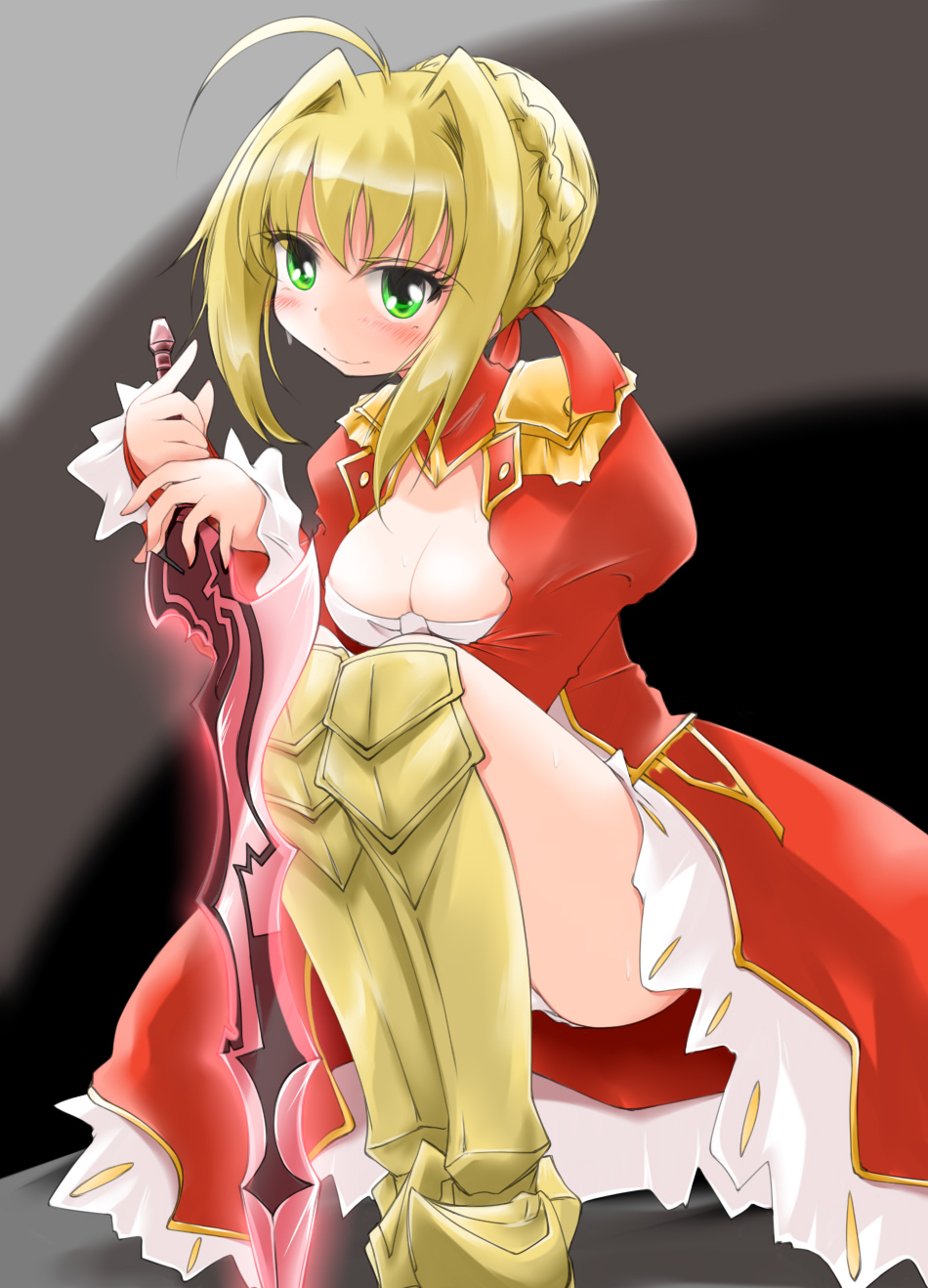 aestus_estus ahoge anbee_(arary) armored_boots bad_id bad_pixiv_id blonde_hair blush boots braid breasts cleavage commentary_request dress epaulettes eyebrows_visible_through_hair fate/extra fate_(series) french_braid full_body greaves green_eyes hair_intakes hair_ornament hair_ribbon hands_together hands_up have_to_pee highres holding holding_sword holding_weapon juliet_sleeves long_sleeves looking_at_viewer medium_breasts nero_claudius_(fate) nero_claudius_(fate)_(all) panties pantyshot puffy_long_sleeves puffy_sleeves red_dress red_ribbon ribbon simple_background smile solo squatting sweat sword tied_hair underwear upskirt wavy_mouth weapon white_panties