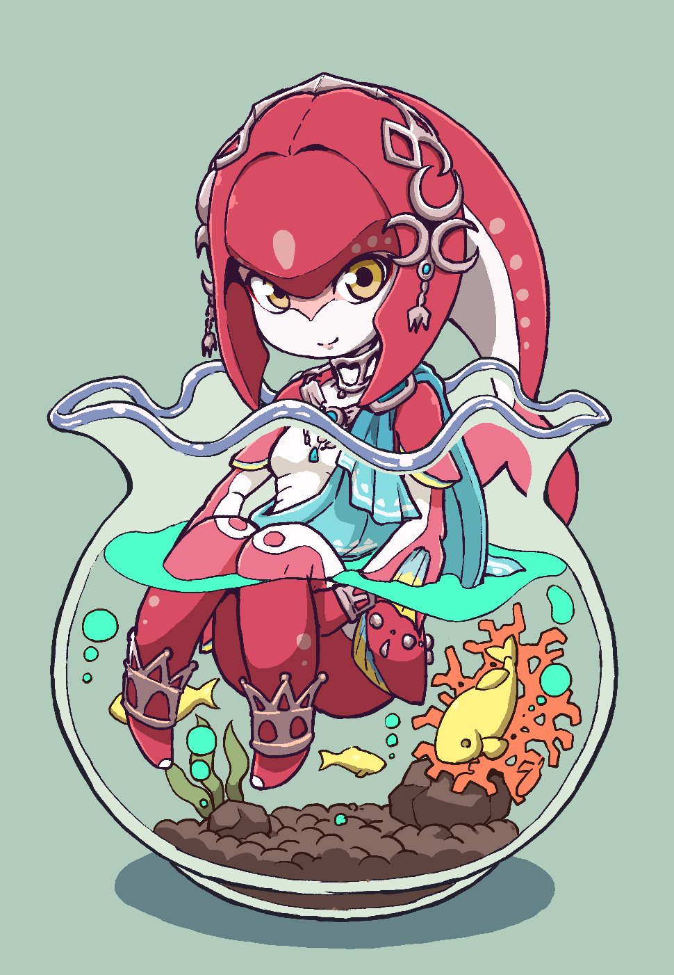 anklet blue_background bracelet breasts chibi closed_mouth coral fins fish fish_girl fishbowl full_body gem green_background hair_ornament highres jewelry knees_up long_hair looking_at_viewer mipha monster_girl multicolored multicolored_skin nazonazo_(nazonazot) necklace no_eyebrows partially_submerged plant red_hair red_skin simple_background small_breasts smile the_legend_of_zelda the_legend_of_zelda:_breath_of_the_wild water yellow_eyes zora