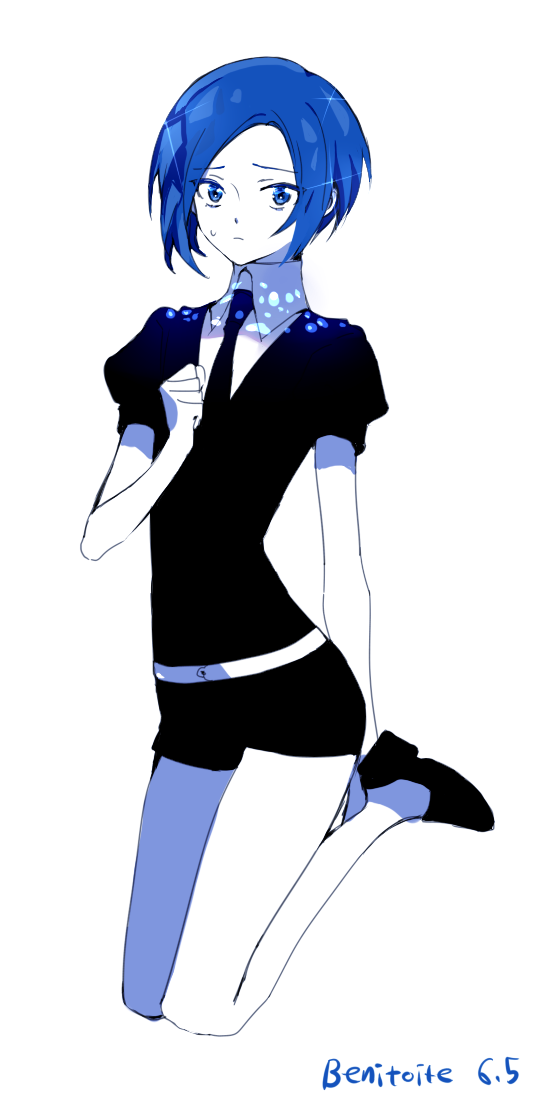 androgynous benitoite_(houseki_no_kuni) blue_eyes blue_hair character_name clenched_hand gem_uniform_(houseki_no_kuni) houseki_no_kuni looking_at_viewer necktie pale_skin puffy_short_sleeves puffy_sleeves retto short_hair short_sleeves shorts solo sweatdrop white_background