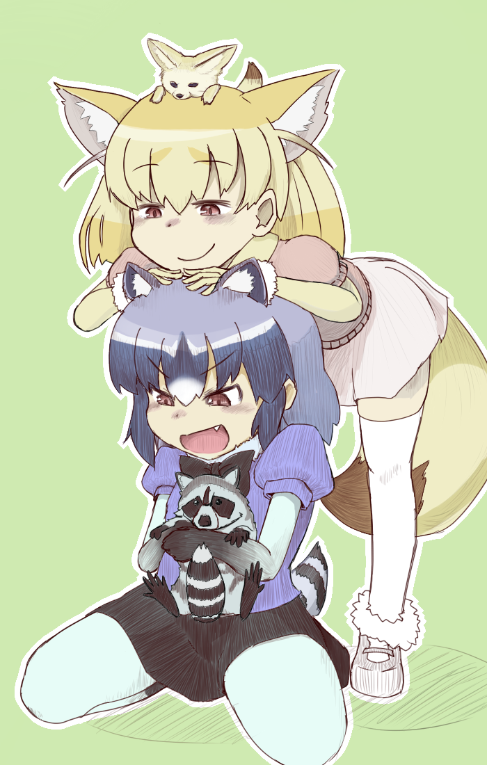 animal_ears blonde_hair blue_hair bow bowtie chin_on_head chin_rest commentary_request common_raccoon_(kemono_friends) elbow_gloves eyebrows_visible_through_hair fang fennec_(kemono_friends) fennec_fox fox_ears fox_tail fur_collar fur_trim gloves grey_hair kemono_friends kneeling multicolored_hair multiple_girls open_mouth pantyhose puffy_short_sleeves puffy_sleeves raccoon raccoon_ears raccoon_tail short_hair short_sleeves skirt smile smug sweater tail thighhighs user_gxpv2747 v-shaped_eyebrows