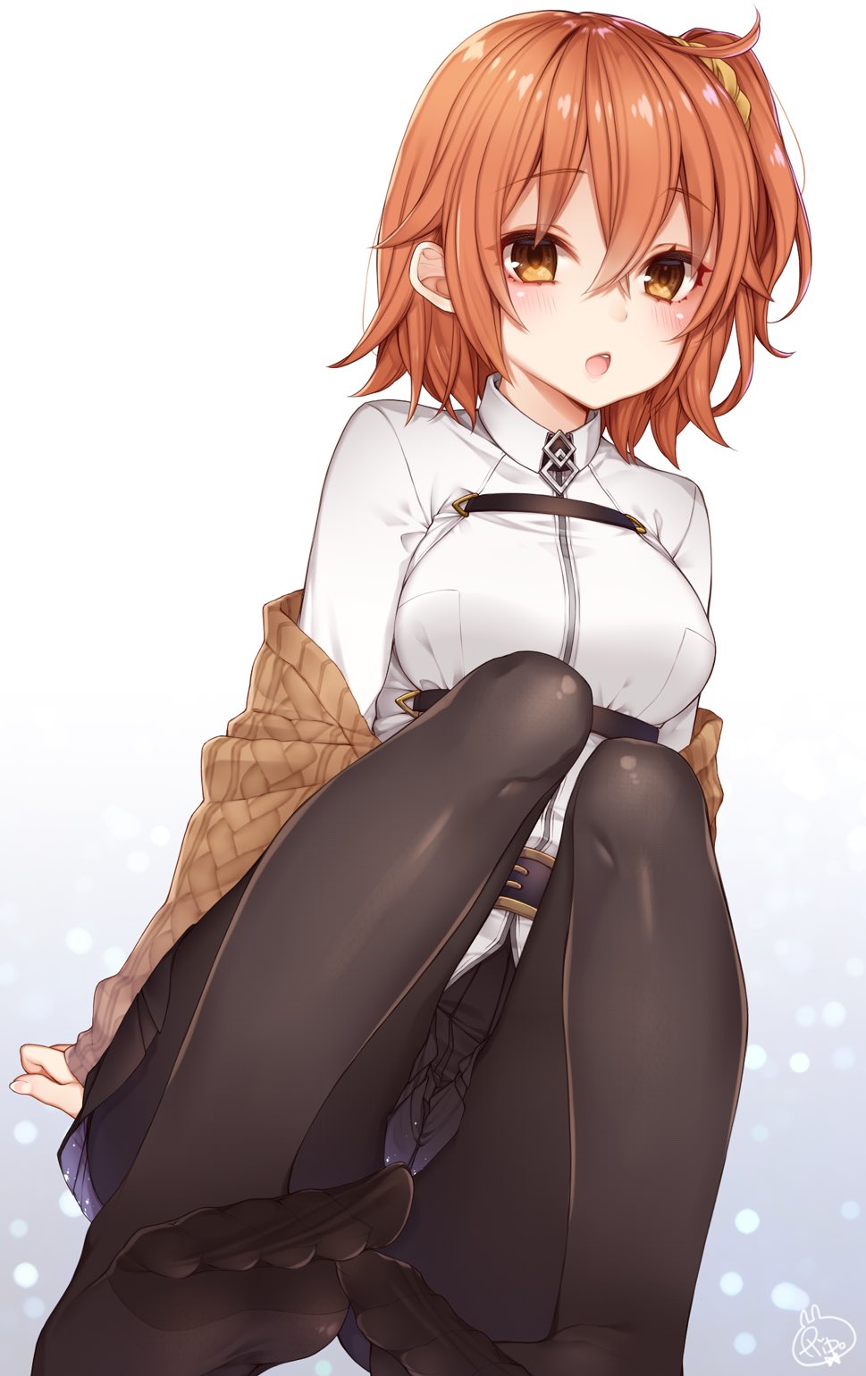 ahoge bangs belt_buckle black_legwear black_skirt blush breasts buckle chaldea_uniform clothes_around_waist collared_shirt commentary_request fate/grand_order fate_(series) fujimaru_ritsuka_(female) hair_ornament hair_scrunchie highres legs looking_at_viewer medium_breasts medium_hair no_shoes one_side_up open_mouth orange_eyes orange_hair orange_scrunchie pantyhose pleated_skirt ripu_(sherypton) scrunchie shiny shiny_hair shirt side_ponytail simple_background sitting skirt solo sweater sweater_around_waist thighs underwear white_background white_shirt yellow_eyes