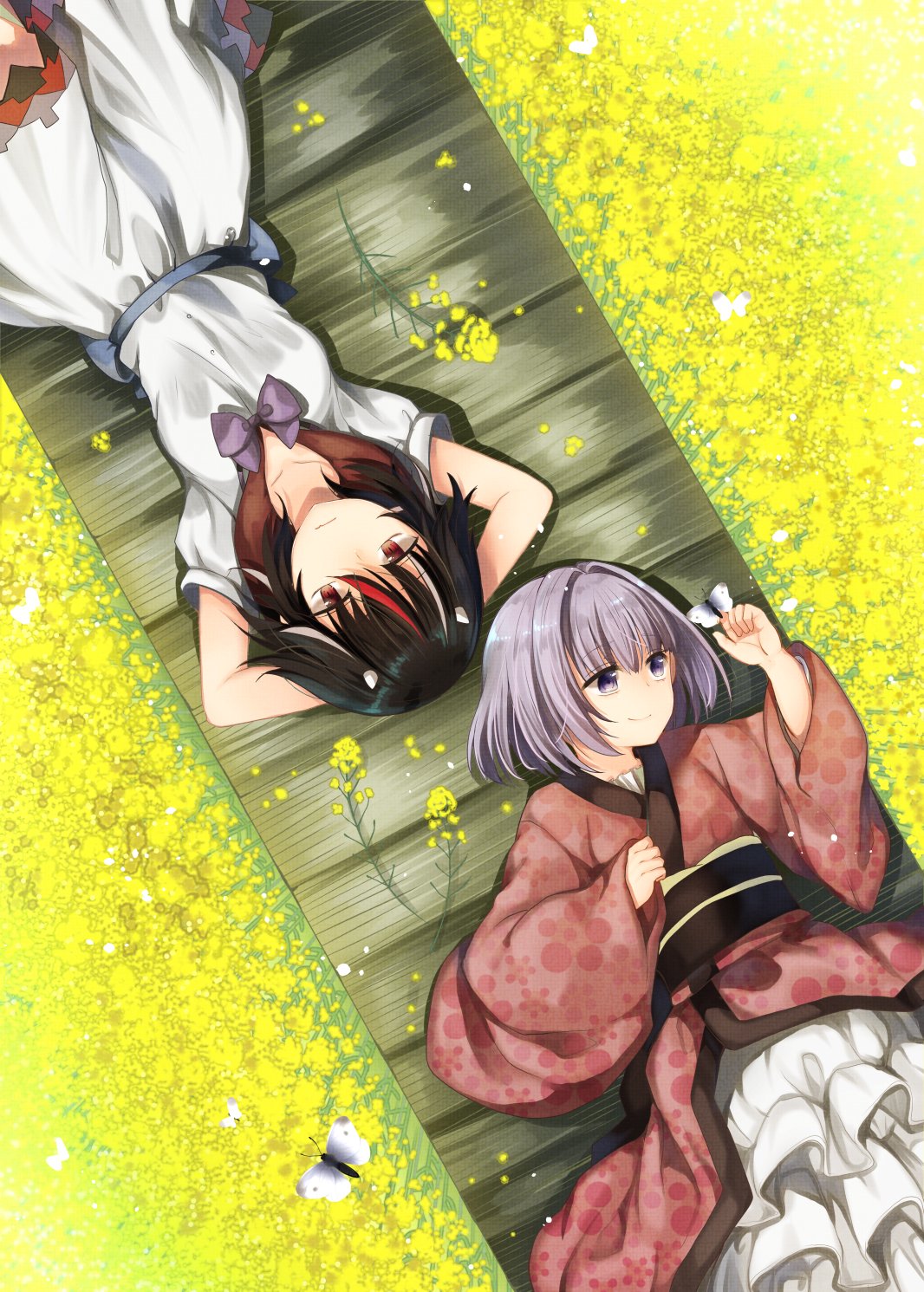 arms_behind_head black_hair bow bowtie bug butterfly closed_mouth commentary_request directional_arrow dress frills from_above hair_intakes highres horns insect japanese_clothes kijin_seija kimono looking_at_viewer lying mimoto_(aszxdfcv) multicolored_hair multiple_girls obi on_back purple_eyes purple_hair purple_neckwear red_eyes red_hair red_kimono sash shiny shiny_hair short_sleeves smile spring_(season) streaked_hair sukuna_shinmyoumaru touhou white_dress white_hair wide_sleeves