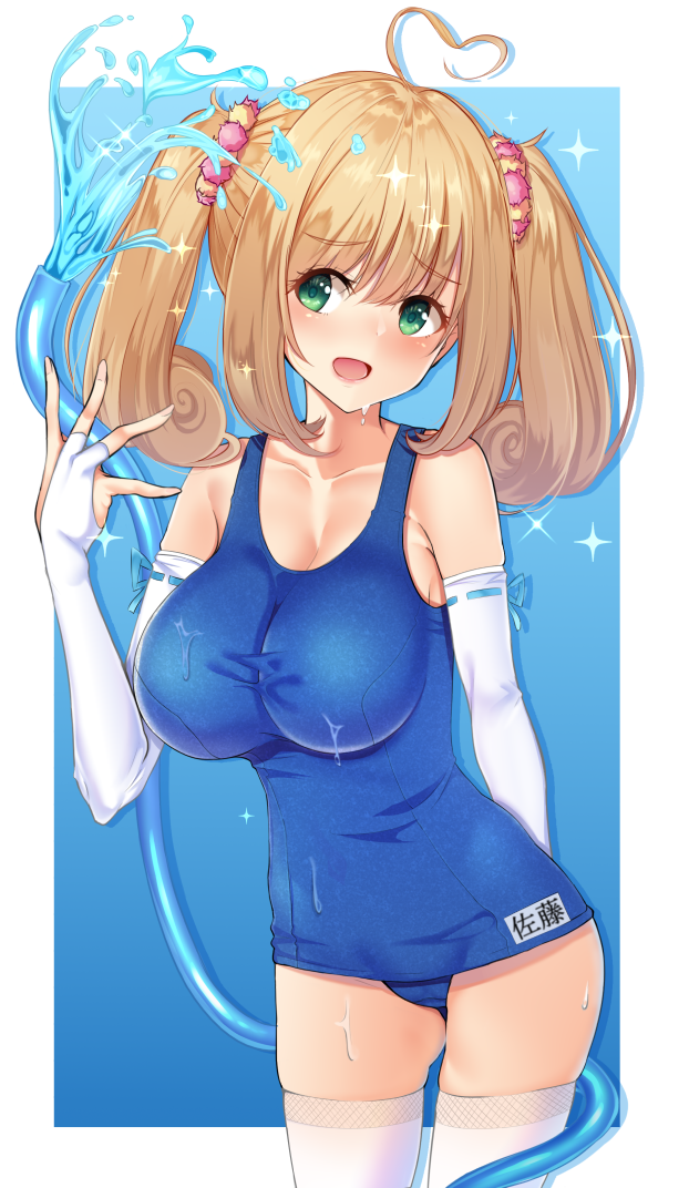 ahoge amrita_(amber78gou) blonde_hair blue_swimsuit breasts commentary_request cowboy_shot gloves green_eyes hair_ornament hose idolmaster idolmaster_cinderella_girls impossible_clothes impossible_swimsuit long_hair looking_at_viewer medium_breasts name_tag one-piece_swimsuit open_mouth partly_fingerless_gloves satou_shin school_swimsuit simple_background smile solo standing swimsuit thighhighs twintails water white_gloves white_legwear