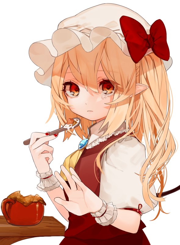 ascot bad_id bad_twitter_id blonde_hair bow brooch closed_mouth commentary_request eyebrows_visible_through_hair flandre_scarlet frown gotoh510 hair_between_eyes hat hat_bow holding holding_spoon jewelry looking_at_viewer mob_cap nail_polish pointy_ears puffy_short_sleeves puffy_sleeves red_bow red_eyes red_nails red_skirt red_vest short_hair short_sleeves side_ponytail simple_background skirt solo spoon table tears touhou upper_body vest white_background wings wrist_cuffs yellow_neckwear