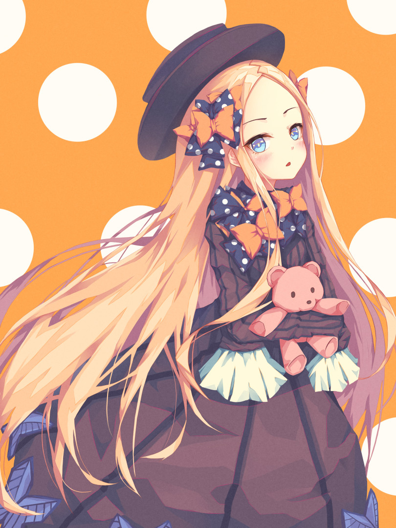 :o abigail_williams_(fate/grand_order) artist_name bad_id bad_pixiv_id bangs black_bow black_dress black_hat blonde_hair blue_eyes blush bow bug butterfly dress fate/grand_order fate_(series) forehead h2o_(dfo) hair_bow hat insect long_hair long_sleeves looking_at_viewer object_hug orange_background orange_bow parted_bangs parted_lips polka_dot polka_dot_background polka_dot_bow sleeves_past_fingers sleeves_past_wrists solo stuffed_animal stuffed_toy teddy_bear very_long_hair