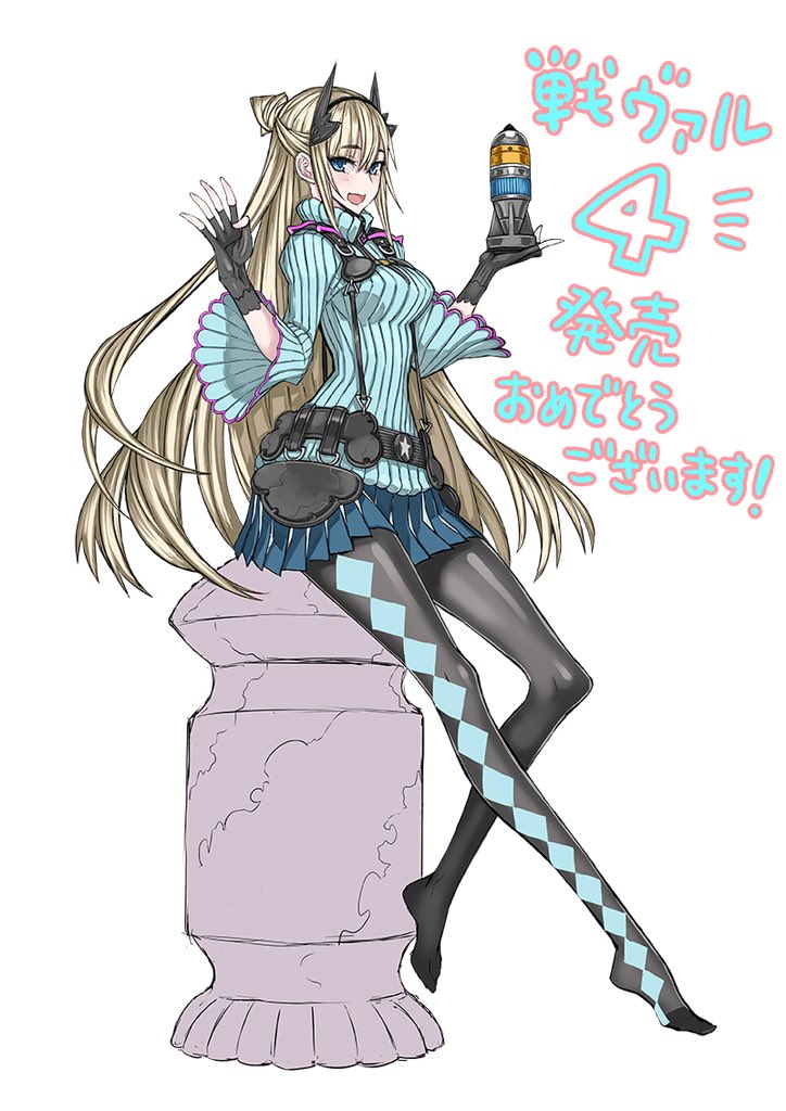 argyle argyle_legwear bangs blonde_hair blue_eyes breasts commentary detached_sleeves fingerless_gloves full_body gloves hairband holding honjou_raita long_hair long_sleeves looking_at_viewer medium_breasts mortar_shell open_mouth pantyhose pleated_skirt reiley_miller ribbed_sweater senjou_no_valkyria senjou_no_valkyria_4 simple_background skirt smile solo sweater turtleneck white_background wide_sleeves