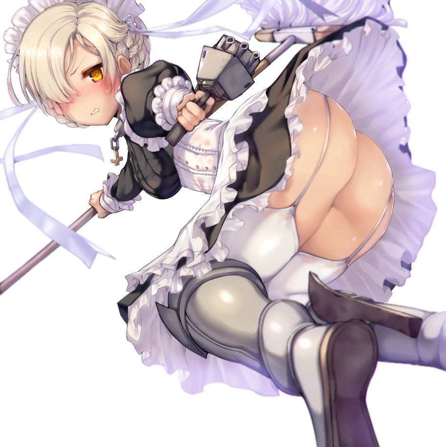 apron ass azur_lane blonde_hair blurry blush braid breasts collar commentary_request depth_of_field dress frills from_behind garter_straps gun hair_over_one_eye holding long_sleeves looking_at_viewer looking_back maid maid_apron maid_headdress medium_breasts mop no_panties satou_daiji sheffield_(azur_lane) shiny shiny_hair shiny_skin short_hair simple_background solo thighhighs weapon white_apron white_background white_legwear yellow_eyes