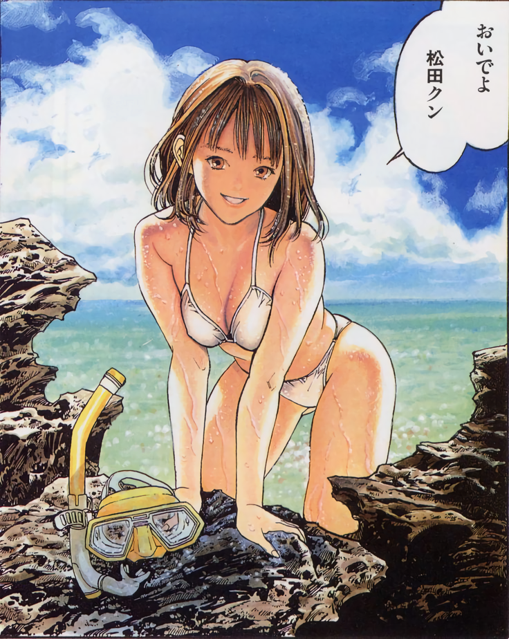 arm_support bikini breasts brown_eyes brown_hair day goggles goggles_removed grin i"s katsura_masakazu leaning_forward long_hair looking_at_viewer medium_breasts non-web_source official_art outdoors smile snorkel solo speech_bubble swimsuit wet white_bikini yoshizuki_iori