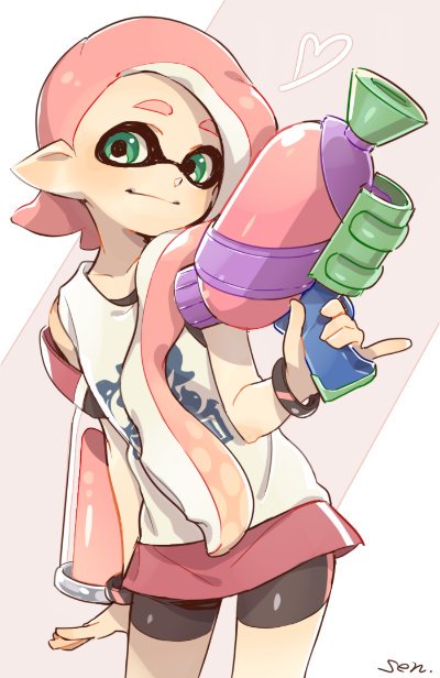 artist_name black_shorts bracelet closed_mouth cowboy_shot green_eyes hair_over_shoulder heart holding holding_weapon ink_tank_(splatoon) inkling jewelry light_smile long_hair looking_at_viewer pink_hair pinky_out print_shirt sen_squid shirt shorts signature single_vertical_stripe solo splatoon_(series) splatoon_2 splattershot_(splatoon) standing strap_slip tank_top weapon white_shirt
