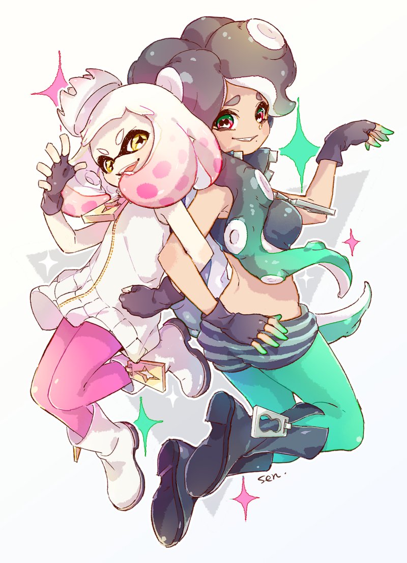 2girls artist_name back-to-back black_footwear black_hair black_shirt black_shorts commentary crop_top crown dark_skin domino_mask dress fingerless_gloves gloves gradient_hair green_hair green_nails grin hime_(splatoon) iida_(splatoon) locked_arms long_hair looking_at_viewer mask medium_hair mole mole_under_mouth multicolored multicolored_eyes multicolored_hair multiple_girls nail_polish octarian open_mouth pantyhose pink_hair pose sen_squid shirt short_dress short_shorts shorts signature sleeveless sleeveless_dress sleeveless_shirt smile sparkle splatoon_(series) splatoon_2 standing tentacle_hair white_background white_dress white_footwear white_hair yellow_eyes zipper zipper_pull_tab