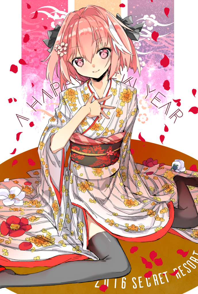 2016 astolfo_(fate) bangs black_bow black_legwear bow braid closed_mouth commentary_request dot_nose english eyebrows_visible_through_hair fate/apocrypha fate_(series) floral_print flower hair_between_eyes hair_bow hair_intakes hand_on_own_chest hand_up happy_new_year head_tilt japanese_clothes kimono long_hair long_sleeves looking_at_viewer male_focus multicolored_hair new_year no_shoes obi obiage obidome obijime otoko_no_ko petals pink_hair print_kimono purple_eyes red_flower rouringo sash single_braid sitting sleeves_past_wrists smile solo streaked_hair striped striped_kimono thighhighs two-tone_hair vertical-striped_kimono vertical_stripes wariza white_flower white_hair white_kimono wide_sleeves