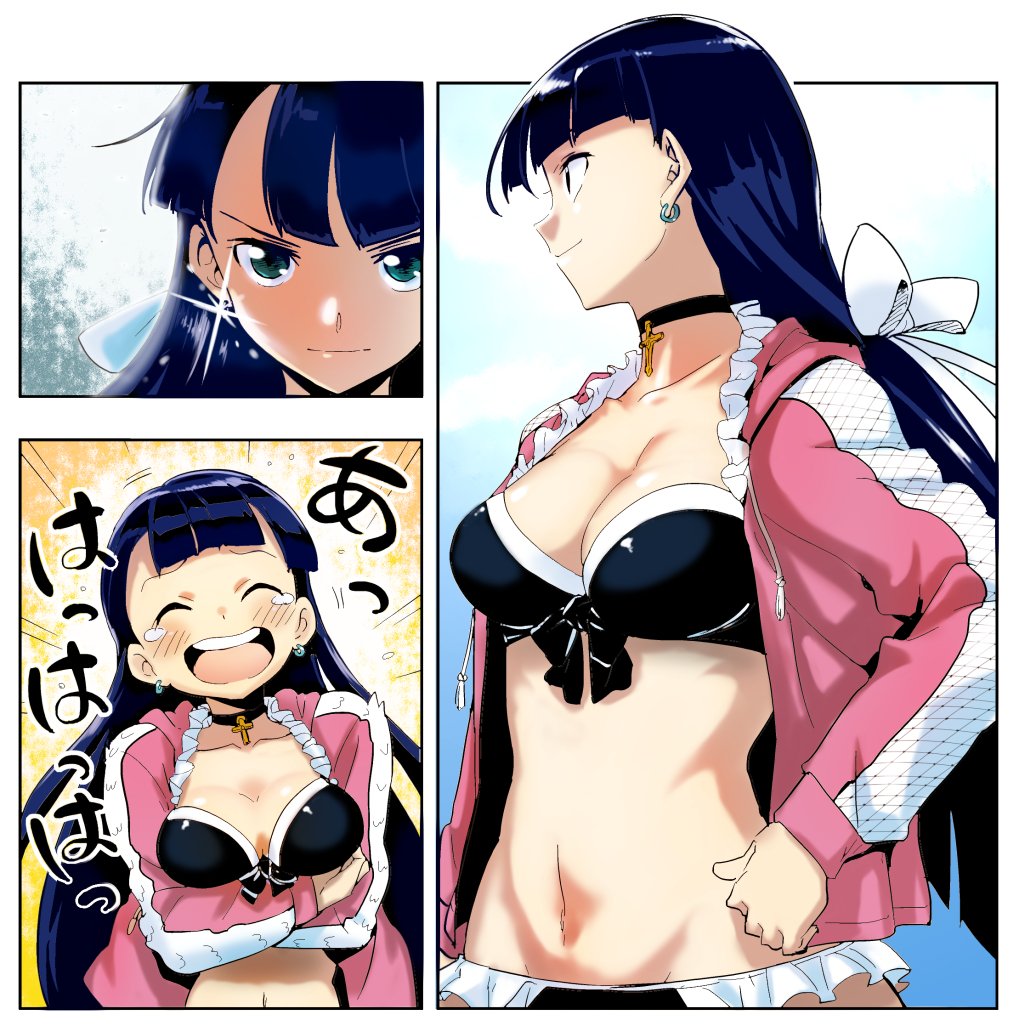 aoba_(smartbeat) bikini black_bikini black_bow black_choker blush bow breasts choker cleavage closed_eyes closed_mouth collarbone comic commentary_request cross_choker drawstring earrings emphasis_lines facing_viewer fate/grand_order fate_(series) frilled_bikini frills front-tie_top glint green_eyes hair_ribbon happy_tears jacket jewelry laughing long_hair long_sleeves looking_at_viewer medium_breasts navel open_clothes open_jacket pendant pink_jacket ribbon saint_martha saint_martha_(swimsuit_ruler)_(fate) shiny shiny_hair smile stomach swimsuit teardrop tears track_jacket translation_request tsurime upper_teeth v-shaped_eyebrows very_long_hair white_ribbon