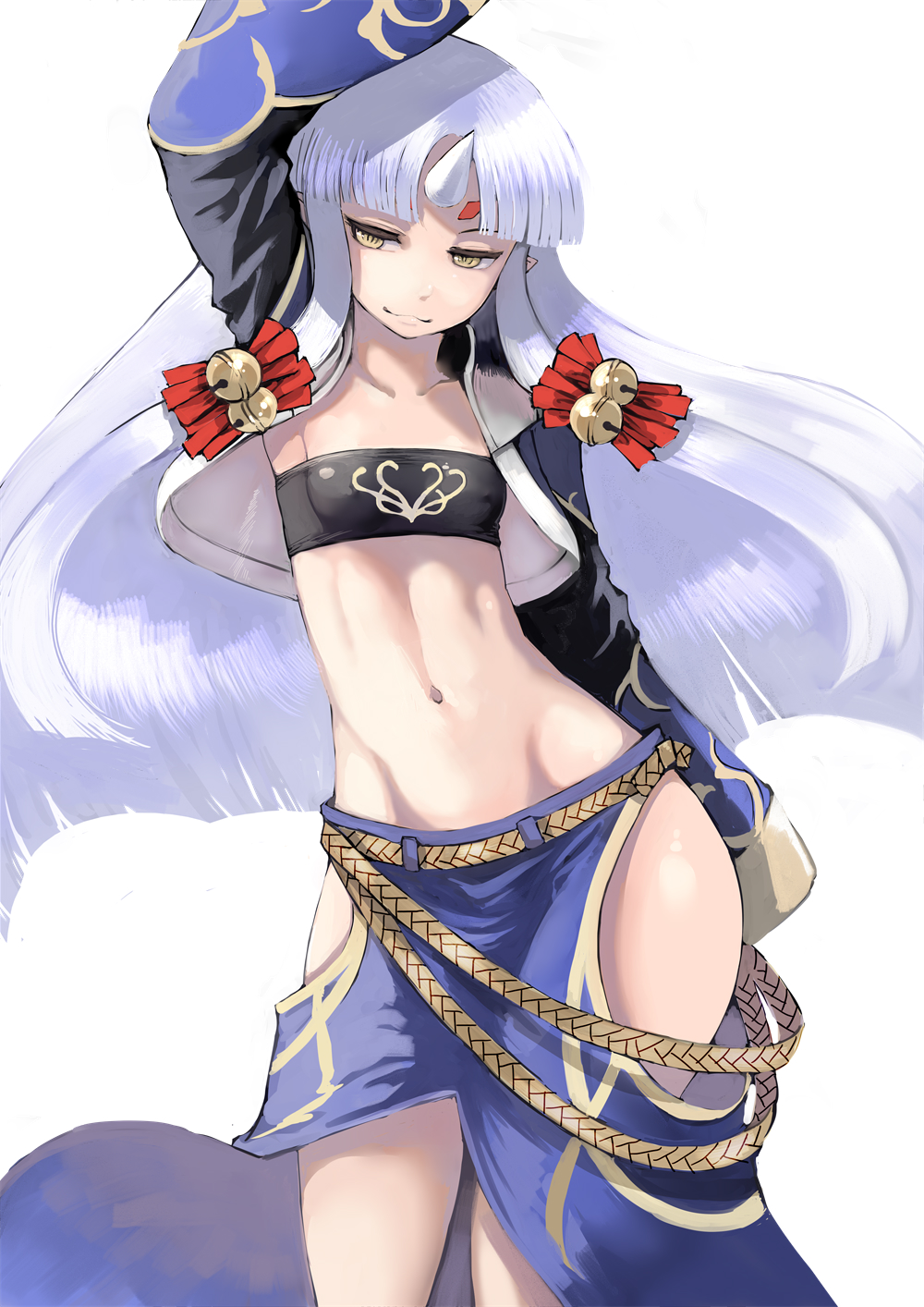 :3 arm_behind_back arm_up bangs bell blue_hair blue_skirt closed_mouth contrapposto covered_nipples cropped_jacket facial_mark forehead_mark hair_bell hair_ornament highres hip_vent hips horn jacket jingle_bell johan_(johan13) long_hair long_sleeves looking_at_viewer navel open_clothes open_jacket parted_bangs pointy_ears shiny shiny_hair simple_background skirt sleeves_past_fingers sleeves_past_wrists smile solo standing stomach straight_hair strapless super_robot_wars super_robot_wars_og_saga_mugen_no_frontier suzuka_hime thighhighs tubetop very_long_hair white_background wide_sleeves yellow_eyes