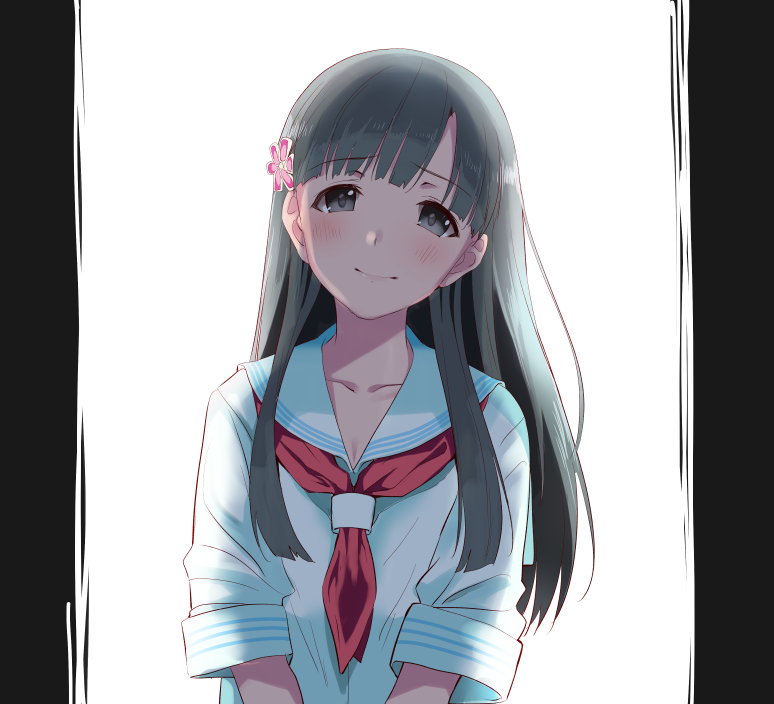 bangs eyebrows_visible_through_hair flower grey_eyes grey_hair hair_flower hair_ornament idolmaster idolmaster_cinderella_girls kobayakawa_sae long_hair looking_at_viewer school_uniform serafuku simple_background smile solo white_background youhei_(testament)