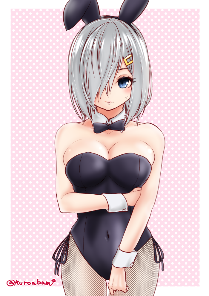 animal_ears bare_shoulders black_leotard blue_eyes bow bowtie breasts bunny_ears bunnysuit detached_collar fake_animal_ears fishnet_pantyhose fishnets hair_ornament hair_over_one_eye hairclip hamakaze_(kantai_collection) kantai_collection kuroba_dam large_breasts leotard lips pantyhose polka_dot polka_dot_background short_hair silver_hair solo strapless strapless_leotard sweatdrop twitter_username wrist_cuffs