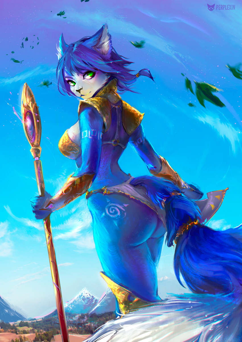 animal_ears arm_at_side arm_tattoo armor artist_logo artist_name ass ass_tattoo back bikini_armor blue_hair blue_sky closed_mouth cowboy_shot day expressionless floating_hair fox_ears fox_girl fox_tail fur furry green_eyes highres holding holding_staff holding_weapon jewelry krystal leaf loincloth looking_at_viewer looking_back medium_hair mountainous_horizon outdoors outstretched_arm perplexin shoulder_armor sky snout solo spaulders staff star_fox tail tattoo vambraces walking weapon wind