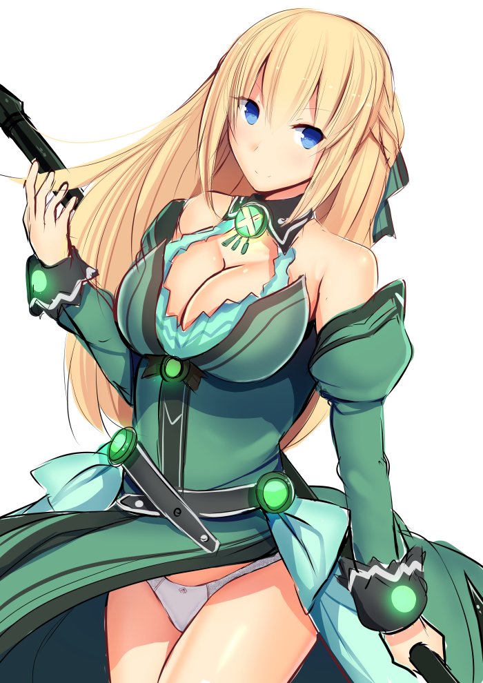 bare_shoulders blonde_hair blue_eyes braid breasts cleavage daiaru french_braid holding holding_weapon large_breasts long_hair neptune_(series) panties polearm solo spear underwear vert weapon