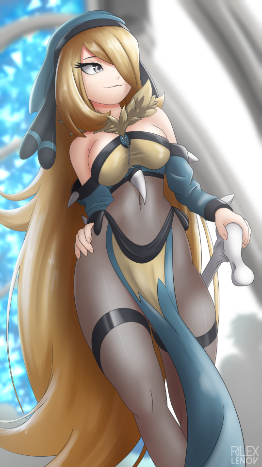alternate_costume animal_ears artist_name bare_shoulders blonde_hair bone breasts cane cosplay costume fur grey_eyes hair_over_one_eye hand_on_hip hat holding hood large_breasts loincloth long_hair lucario lucario_(cosplay) pokemon pokemon_(game) pokemon_dppt rilex_lenov shirona_(pokemon) smile solo spikes standing stick very_long_hair