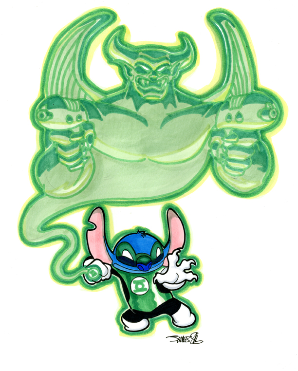 2011 4_fingers 5_fingers alien blue_fur blue_nose chernabog claws clothing crossover dc_comics demon disney dual_wielding duo experiment_(species) fantasia fur gloves green_lantern head_tuft holding_object holding_weapon james_silvani lilo_and_stitch marker_(artwork) mask muscular notched_ear plasma_rifle ring signature simple_background spirit stitch traditional_media_(artwork) weapon white_background white_gloves wings