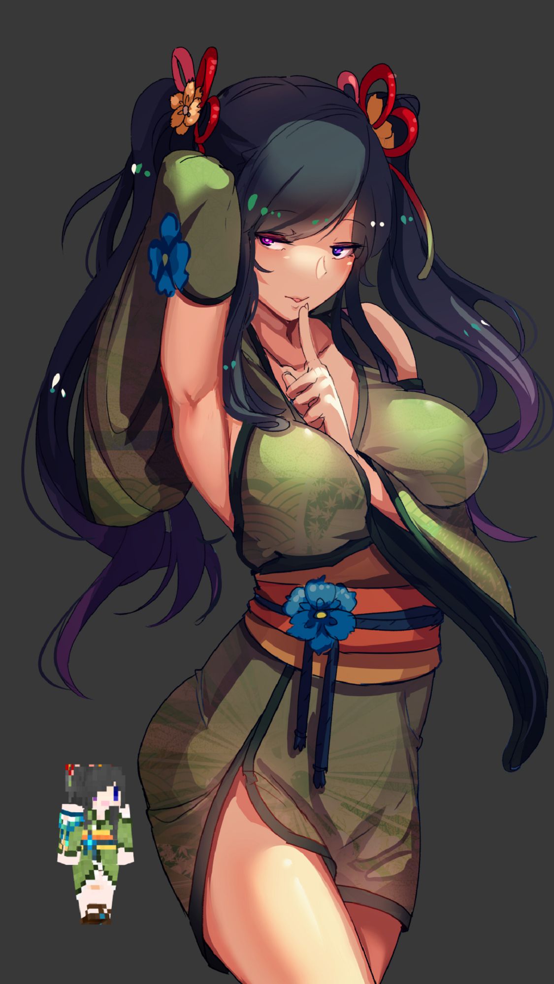 arm_up armpits at2. bangs between_breasts black_background black_hair blush breasts cowboy_shot detached_sleeves eyebrows_visible_through_hair finger_to_mouth flower green_kimono hair_flower hair_ornament hair_ribbon hand_between_breasts hand_in_hair heterochromia highres index_finger_raised japanese_clothes kimono large_breasts leaf_print long_sleeves looking_at_viewer minecraft multiple_views obi parted_lips pink_eyes print_kimono purple_eyes red_ribbon ribbon sash short_kimono shushing side_slit simple_background smile standing thighs tsurime twintails wide_sleeves