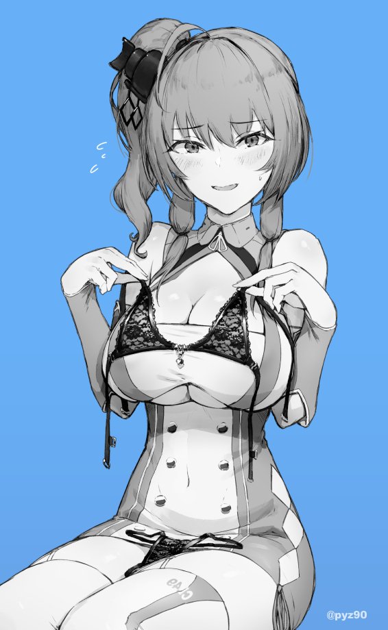 :d azur_lane bangs bare_shoulders blue_background blush bra breasts cleavage cleavage_cutout covered_navel detached_sleeves double-breasted dress eyebrows_visible_through_hair flying_sweatdrops hair_tie headgear holding holding_bra lace lace-trimmed_bra large_breasts long_hair long_sleeves looking_at_viewer monochrome open_mouth panties pyz_(cath_x_tech) ribbon short_dress side_ponytail sidelocks simple_background sitting smile solo st._louis_(azur_lane) sweat thighhighs thong underboob underboob_cutout underwear
