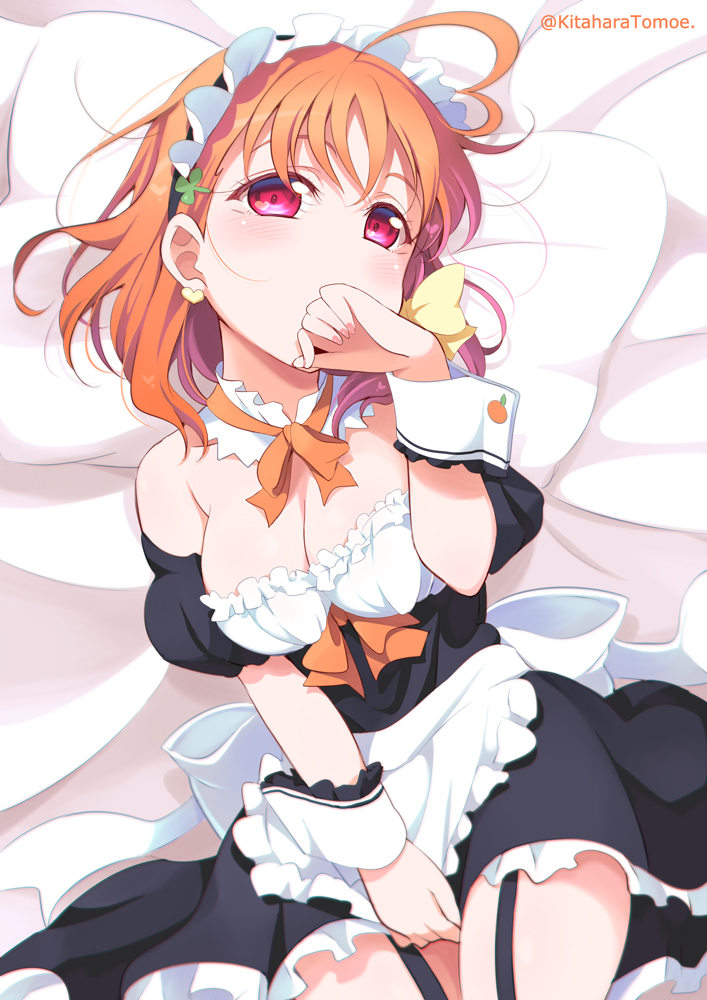 ahoge apron bangs bed_sheet between_legs bow bowtie breasts cleavage commentary_request covering_mouth detached_collar earrings frilled_apron frilled_cuffs frills garter_straps hair_bow hand_between_legs hand_to_own_mouth heart heart_ahoge heart_earrings jewelry kitahara_tomoe_(kitahara_koubou) looking_at_viewer love_live! love_live!_sunshine!! lying maid maid_headdress medium_breasts on_back orange_hair orange_neckwear pillow red_eyes sash solo takami_chika twitter_username waist_apron wrist_cuffs yellow_bow