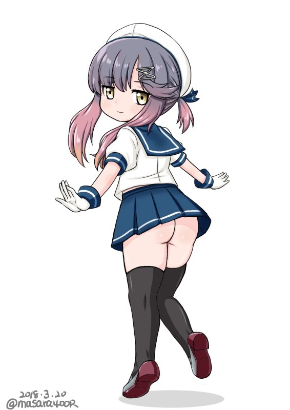ass black_legwear blue_sailor_collar blue_skirt dated from_behind full_body gloves gradient_hair hat kantai_collection long_hair looking_at_viewer looking_back masara_(masalucky2010) multicolored_hair outstretched_arms pleated_skirt purple_eyes purple_hair sailor_collar sailor_hat school_uniform serafuku short_hair short_sleeves sidelocks simple_background skirt smile solo thighhighs tsushima_(kantai_collection) twitter_username white_background white_gloves white_hat