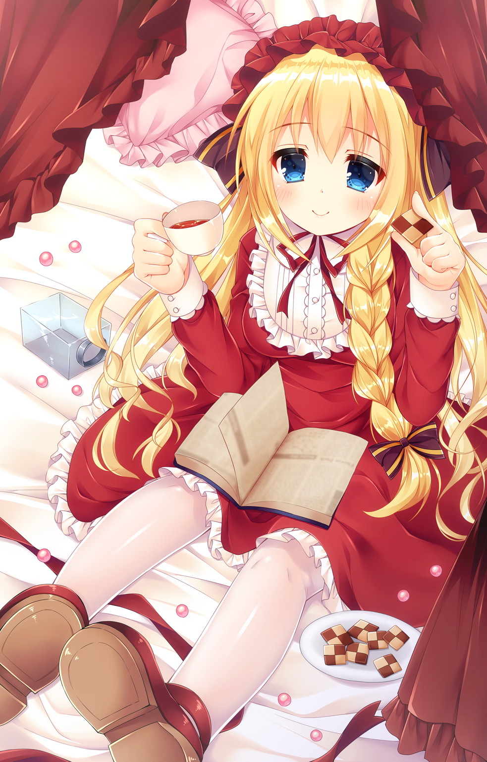 bangs bed_sheet blue_eyes blush book breasts checkerboard_cookie closed_mouth commentary_request cookie cup curtains dress eyebrows_visible_through_hair food frilled_pillow frills fujikura_ryuune hair_between_eyes highres holding holding_cup lolita_fashion long_sleeves looking_at_viewer open_book original pantyhose pigeon-toed pillow pink_pillow plate red_dress red_footwear red_ribbon ribbon sitting small_breasts smile solo tea teacup white_legwear