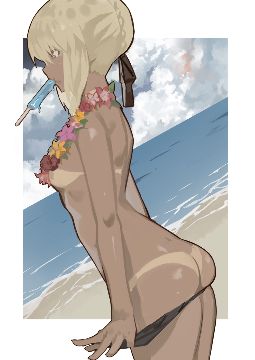 arched_back artoria_pendragon_(all) artoria_pendragon_(swimsuit_rider_alter) ass beach bikini_bottom bikini_pull bikini_tan black_bikini_bottom blonde_hair blue_sky breasts cloud commentary_request cowboy_shot day dutch_angle fate/grand_order fate_(series) flower food food_in_mouth from_behind hair_bun highres long_hair medium_breasts mouth_hold nanaya_(daaijianglin) ocean popsicle shiny shiny_skin skindentation sky solo standing tan tanline topless water yellow_eyes