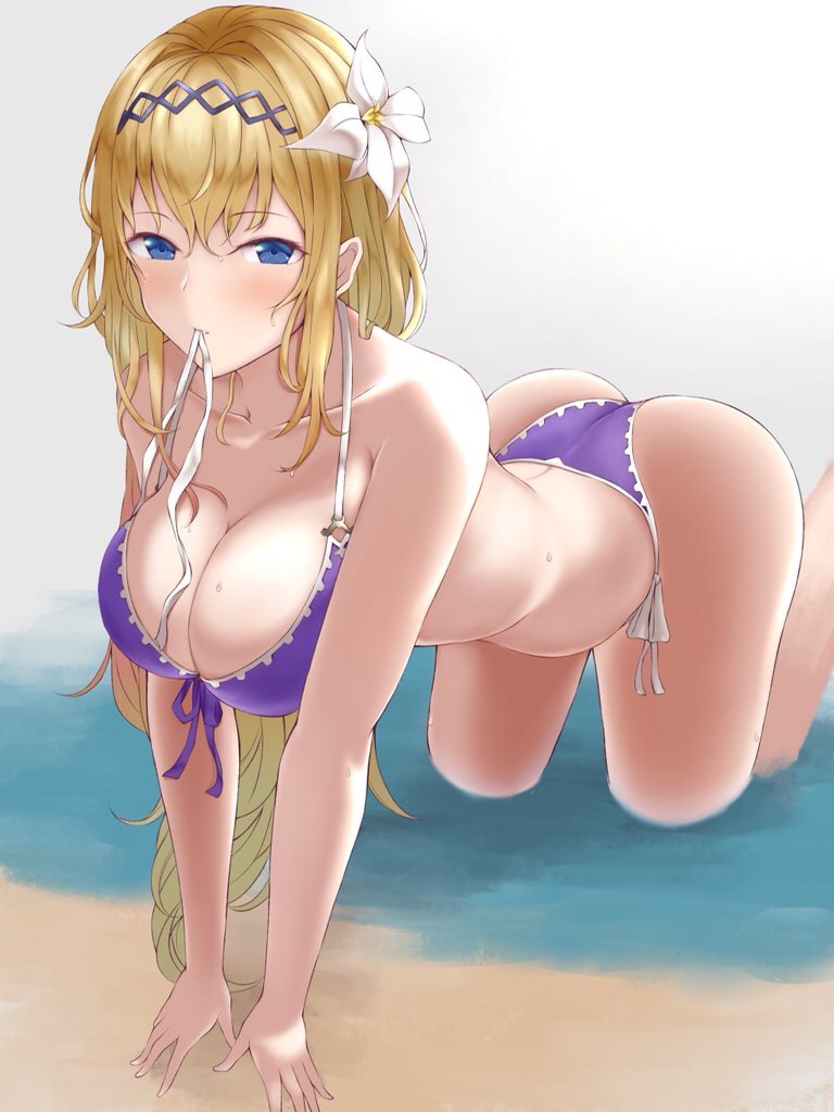 all_fours ass bare_shoulders bikini blonde_hair blue_eyes breasts cleavage flower granblue_fantasy hair_flower hair_ornament hairband jeanne_d'arc_(granblue_fantasy) large_breasts long_hair looking_at_viewer mouth_hold numaguro_(tomokun0808) partially_submerged purple_bikini side-tie_bikini solo swimsuit water