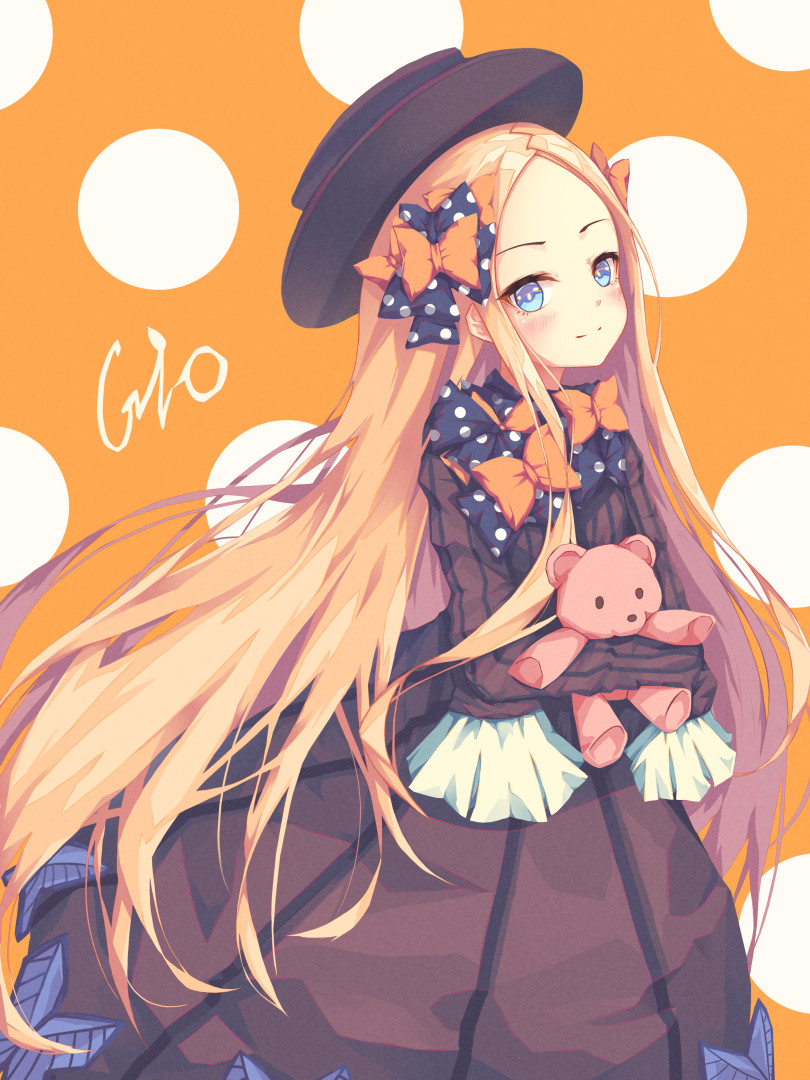 abigail_williams_(fate/grand_order) artist_name bad_id bad_pixiv_id bangs black_bow black_dress black_hat blonde_hair blue_eyes blush bow bug butterfly closed_mouth dress fate/grand_order fate_(series) forehead h2o_(dfo) hair_bow hat insect long_hair long_sleeves looking_at_viewer object_hug orange_background orange_bow parted_bangs polka_dot polka_dot_background polka_dot_bow sleeves_past_fingers sleeves_past_wrists smile solo stuffed_animal stuffed_toy teddy_bear very_long_hair