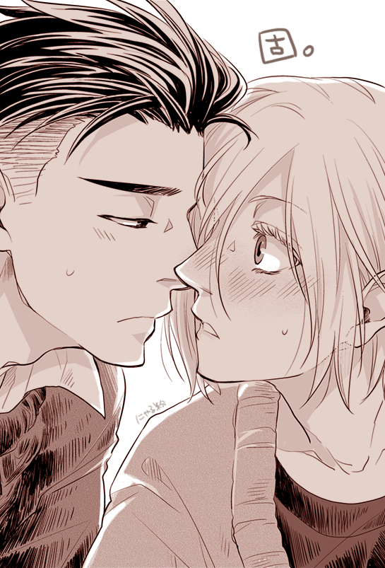 blush imminent_kiss male_focus monochrome multiple_boys nyarulake otabek_altin parted_lips sweat upper_body yaoi yuri!!!_on_ice yuri_plisetsky