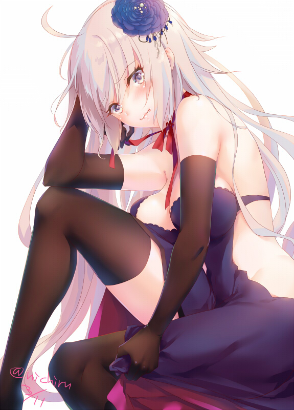 ahoge black_gloves black_legwear breasts dress elbow_gloves fate/grand_order fate_(series) flower gloves grey_hair hair_flower hair_ornament jeanne_d'arc_(alter)_(fate) jeanne_d'arc_(fate)_(all) large_breasts long_hair nichiru purple_dress purple_eyes solo thighhighs wavy_mouth white_background