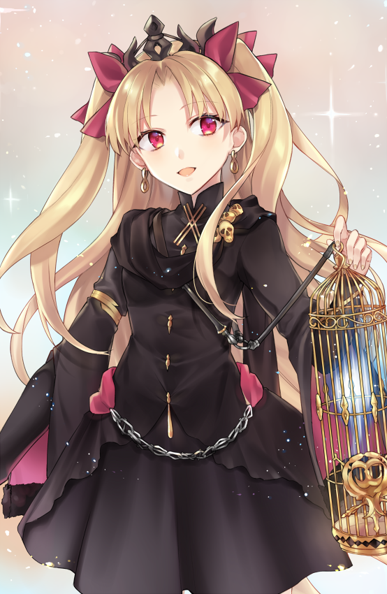 :d armlet bangs birdcage black_dress blush cage chain dress earrings ereshkigal_(fate/grand_order) eyebrows_visible_through_hair fate/grand_order fate_(series) ghost gradient gradient_background hair_ribbon holding infinity jewelry long_hair long_sleeves looking_at_viewer open_mouth parted_bangs red_eyes red_ribbon ribbon shiao skull smile solo sparkle tiara two_side_up very_long_hair